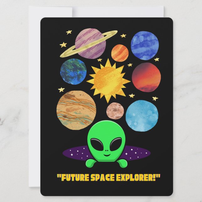 CARTÃO DE FESTIVIDADES ALIENÍGENA, UNIVERSO, ESPACONAVE, PLANETA E ASTRON (Frente)