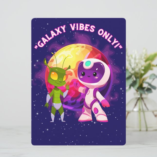 CARTÃO DE FESTIVIDADES ALIENÍGENA, UNIVERSO, ESPACONAVE, PLANETA E ASTRON (Em pé/Frente)