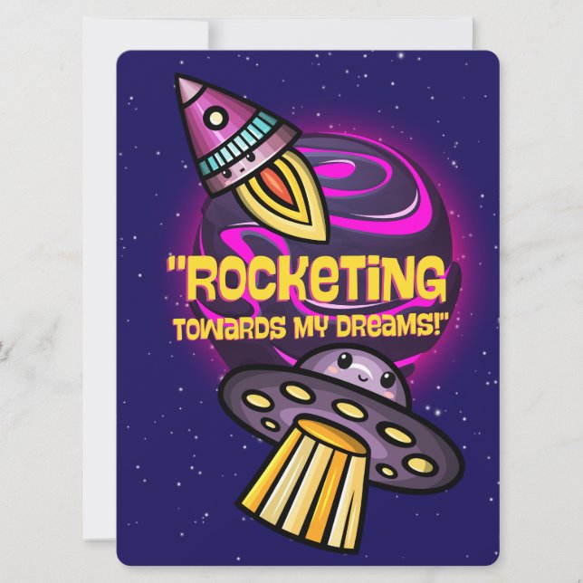 CARTÃO DE FESTIVIDADES ALIENÍGENA, UNIVERSO, ESPAÇONAVE, PLANETA E ASTRON (Frente)