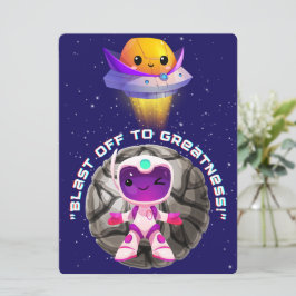 CARTÃO DE FESTIVIDADES ALIENÍGENA, UNIVERSO, FOGUETE, PLANETA E ASTRONAUT