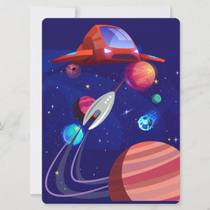 CARTÃO DE FESTIVIDADES ALIENÍGENA, UNIVERSO, NAVE ESPACIAL, PLANETA E AST
