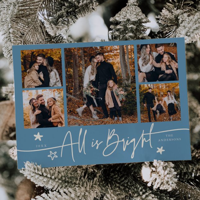 Cartão De Festividades All Is Bright Denim Blue Multi Photo Holiday Card (Criador carregado)