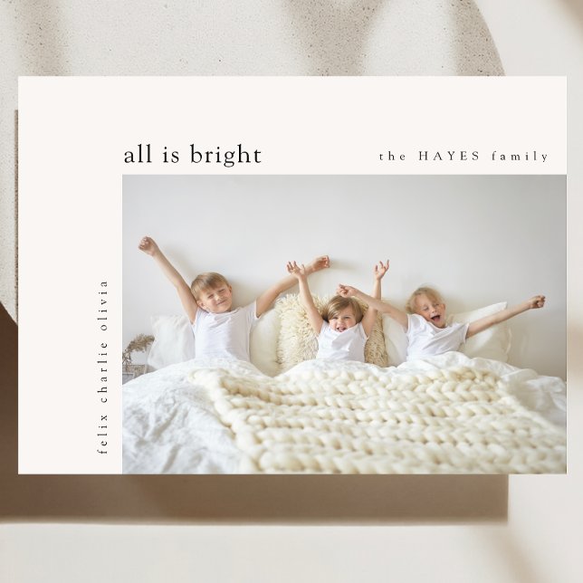 Cartão De Festividades All is Bright Modern Minimal Christmas Kids Photo (Celebrate the season with a photo holiday card featuring your favorite memories)
