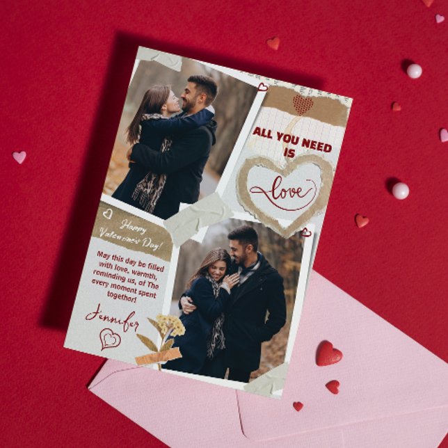 Cartão De Festividades All You Need Is Love Valentines Day Photo Heart  (all you need is love valentines day cards modern couple cute typography boyfriend heart red unique)