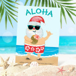 Cartão De Festividades Aloha Hawaiian Papais noeis Beach Christmas<br><div class="desc">Tema havaiano O cartão de Natal apresenta Papais noeis em uma praia tropical tirando um abacaxi, com "Aloha" em uma fonte azul-turquesa. O verso é vermelho com um padrão de flores brancas de hibisco (shorts Papais noeis correspondentes). Personalize com seu nome e cartões de natal (mostrado com "Feliz Natal", mas...</div>