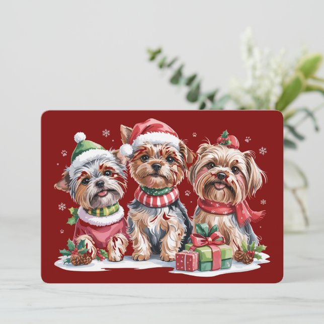 Cartão De Festividades Amantes de Cães Yorkshire Terrier no Natal (Em pé/Frente)