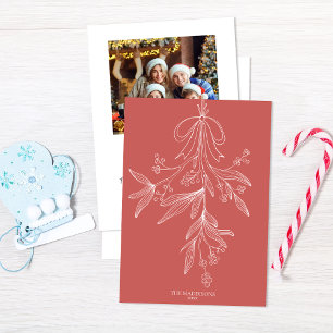 Cartão De Festividades Ameixeira Desenhada à Mão & Arco Natal Vermelho Em