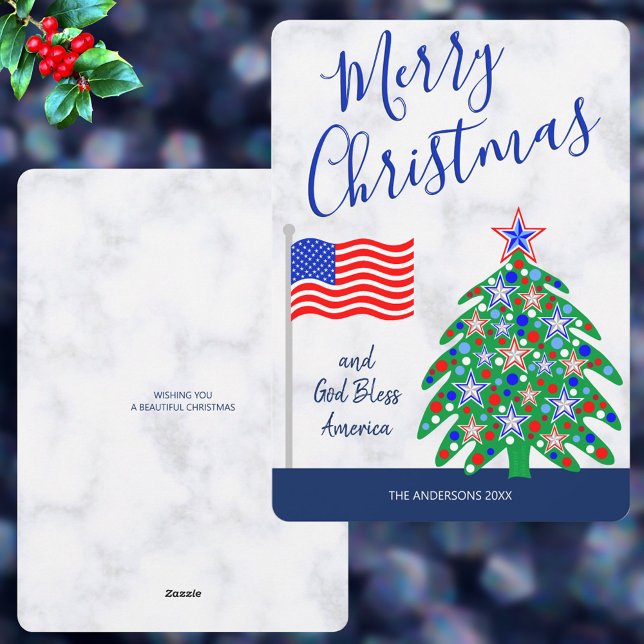 Cartão De Festividades América Deus abençoe de Árvore de Natal Patriótico (It's easy to personalize these patriotic Christmas cards for your holiday greetings)