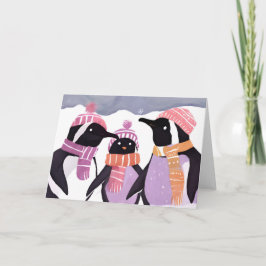 Cartão De Festividades Amigos Pinguins de Natal | Aquarela de Inverno