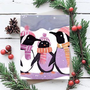 Cartão De Festividades Amigos Pinguins de Natal Aquarela de Inverno