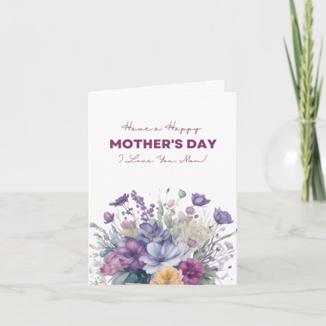 Cartão De Festividades Amo-Te Mãe Aquarela Personalizada Flores Selvagens (Frente)
