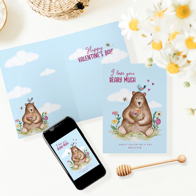 Cartão De Festividades Amo-Te Muito Feliz Urso Do Dia Dos Namorados (I Love You Beary Much Happy Valentine Day Bear Holiday Card)