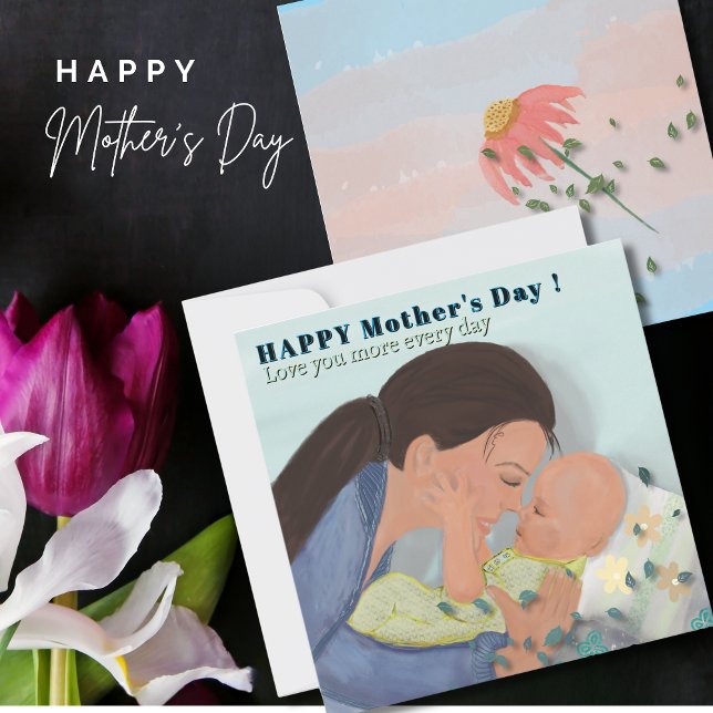 Cartão De Festividades Amo você mais no Dia das Mães com um bebê (Love you More Mothers Day with a baby Holiday Card)
