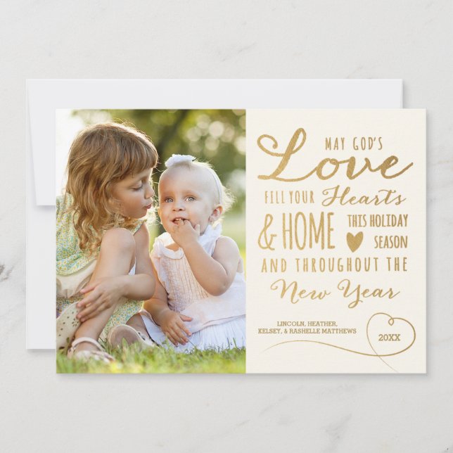 Cartão De Festividades Amor a Deus Elegante Foto de Natal Dourada (Frente)