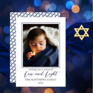 Cartão De Festividades Amor com Foto Branco Azul Minimalista Hanukkah l
