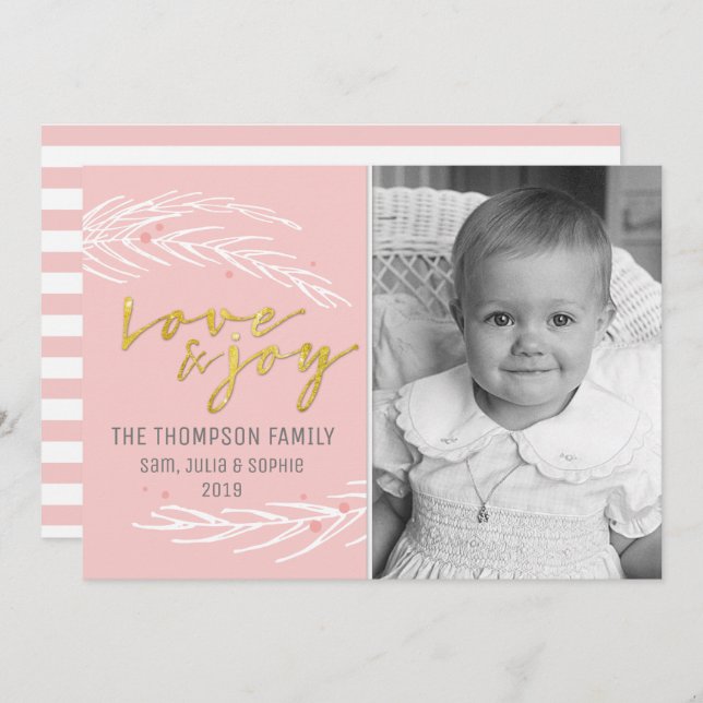 Cartão De Festividades Amor e Alegria em Rose Gold Natal Moderno (Frente/Verso)