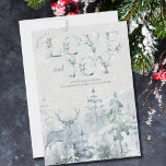Cartão De Festividades Amor e alegria Snowy Winter Forest e Stag Happy<br><div class="desc">Cartão de natal personalizado de amor e alegria com a floresta de inverno nevado e assado em tons suaves de azul e verde. A redação diz "desejar que você ame e alegre" e você pode personalizar o texto restante. Design de aquarela sutil e elegante com tipografia decorativa.</div>