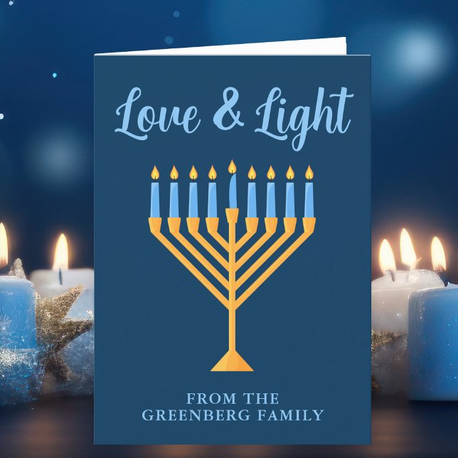 Cartão De Festividades Amor e Azul Dourado Hanukkah Menorah (Criador carregado)