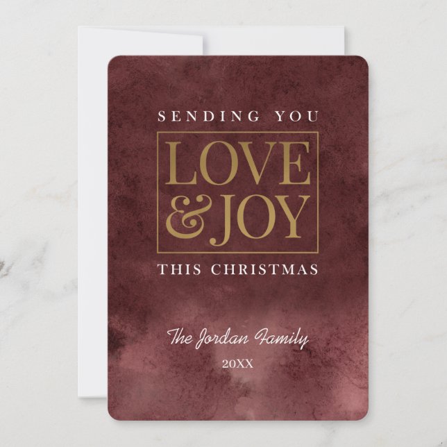 Cartão De Festividades Amor e Joy Burgundy Emerald (Frente)