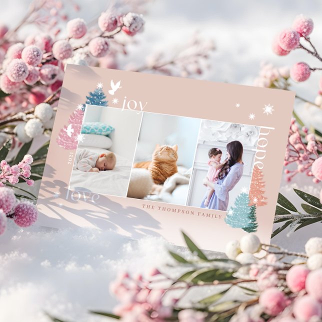 Cartão De Festividades Amor Joy Hope Pastel Floresta de Natal 3 Foto (Love Joy Hope Pastel Christmas Tree Forest 3 Photo Holiday Card)