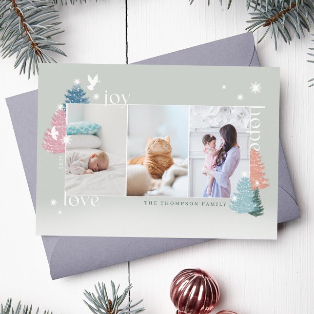 Cartão De Festividades Amor Joy Hope Pastel Floresta de Natal 3 Foto (Love Joy Hope Pastel Christmas Tree Forest 3 Photo Holiday Card)
