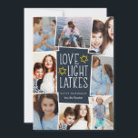 Cartão De Festividades Amor, Luz e Trás | Colagem de Fotos de Hanukkah<br><div class="desc">Cartão com fotos divertida e festiva de Hanukkah mostra oito fotos organizadas em um layout de colagem. "Amor,  luz,  latas" aparece no centro em letras brancas sobre um fundo azul escuro acentuado com estrelas. Personalize com seus nomes e o ano.</div>