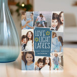 Cartão De Festividades Amor, Luz e Trás | Colagem de Fotos de Hanukkah<br><div class="desc">Cartão com fotos divertida e festiva de Hanukkah mostra oito fotos organizadas em um layout de colagem. "Amor,  luz,  latas" aparece no centro em letras brancas sobre um fundo azul escuro acentuado com estrelas. Personalize com seus nomes e o ano.</div>