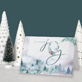 Cartão De Festividades Amor Paz e Joy Watercolor Misty Pine Forest