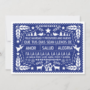 Cartão De Festividades Amor, salud, alegría papel picado blue Christmas