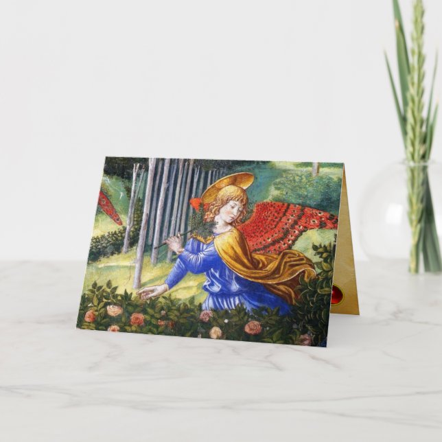 Cartão De Festividades Angel Coletando Flores em uma Paisagem Celestial (Frente)