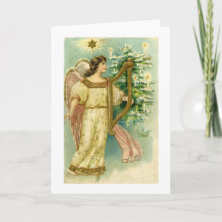 Cartão De Festividades Angel with harp at Christmas tree card