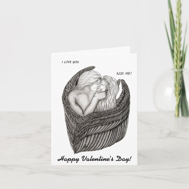 Cartão De Festividades Angels Kissing, Design preto e branco (Frente)
