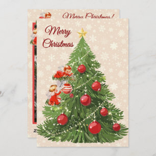 Cartão De Festividades Ângulos decorando a árvore   Creme