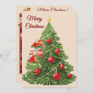 Cartão De Festividades Ângulos decorando a árvore   Creme