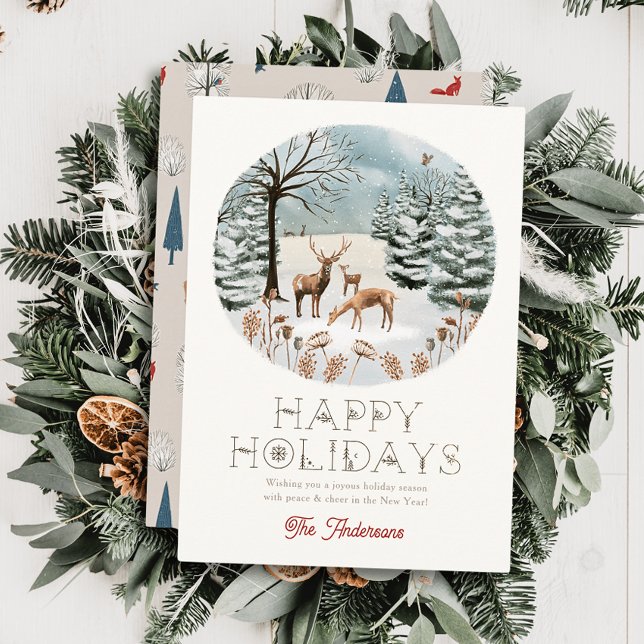 Cartão De Festividades Animais de Floresta Vedando Winterscape Natal (Criador carregado)
