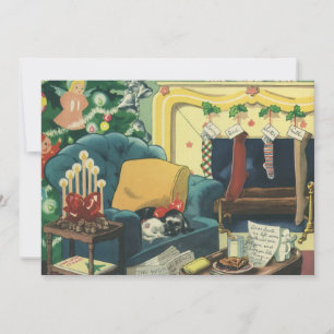 Cartão De Festividades Animais de Natal Vintage na Sala de Estar