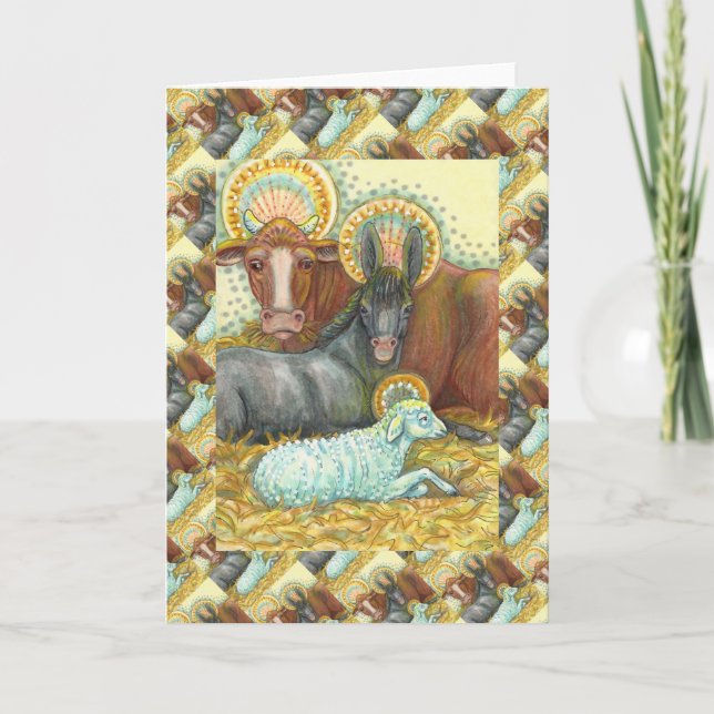 CARTÃO DE FESTIVIDADES ANIMAIS DE NATIVIDADE EM ESTÁVEL, OX, DONKEY E OVI (Frente)