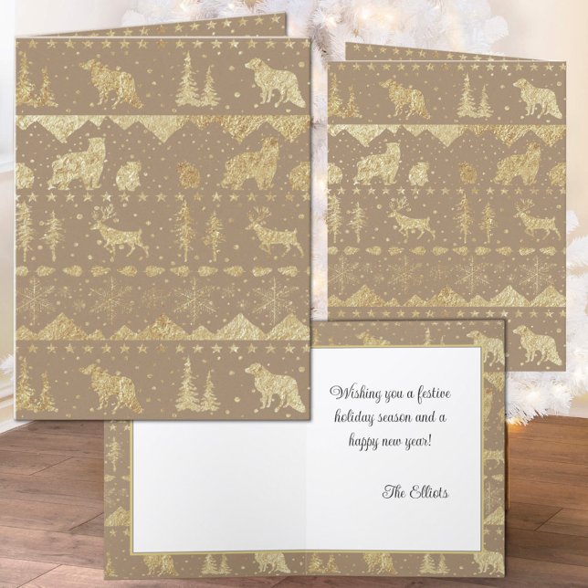 Cartão De Festividades Animais Dourados de inverno russos Kraft nórdicos (Rustic Kraft Nordic Sweater Gold Winter Animals Christmas Holiday Wraparound Graphics Foided Card)