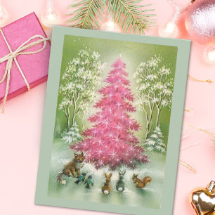 Cartão De Festividades Animais natais vintages em torno da árvore rosa