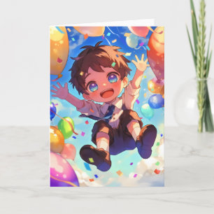 Cartão De Festividades Anime Boy Balloons Kawaii