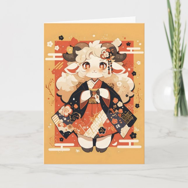 Cartão De Festividades Anime Goat Kawaii Geisha (Frente)