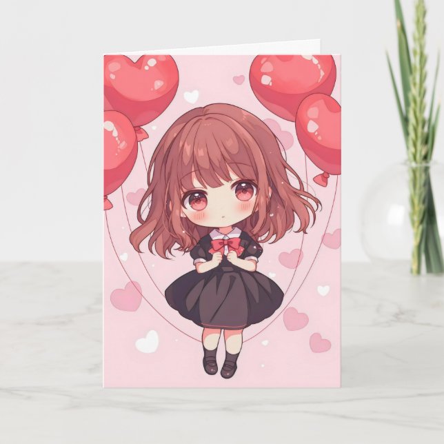 Cartão De Festividades Anime Rosa, Garota Bonita (Frente)