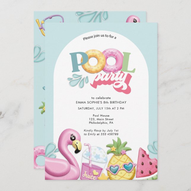 Cartão De Festividades Aniversário da Festa de Piscina (Frente/Verso)