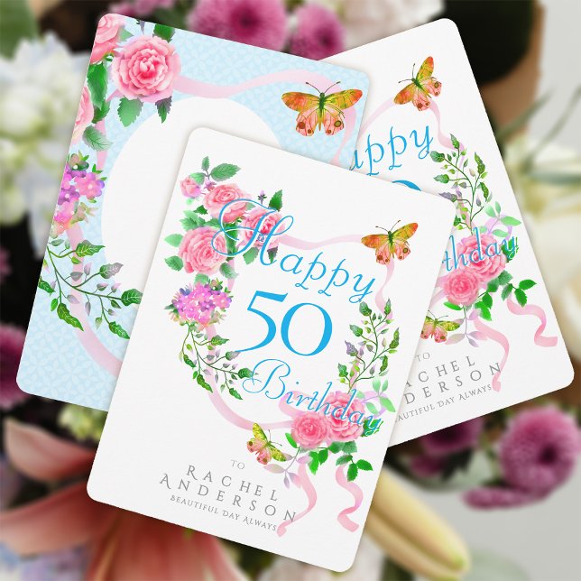 Cartão De Festividades Aniversário da Fita Rosa Rosa Rosa Rosa Rosa Rosa  (Chic Romantic Pink Rose Ribbon Happy Birthday Card.)