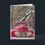 Cartão De Festividades Aniversário de Casamento de Natal<br><div class="desc">Par de ouros em um caminhão de coleta de lixo vermelho na floresta de inverno.</div>