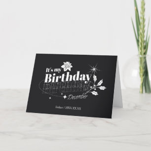Cartão De Festividades Aniversário de Dezembro Floral Preto Moderno Perso