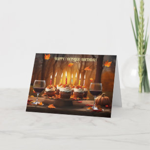 Cartão De Festividades Aniversário de Outubro Com Cupcakes Folhas Caindo