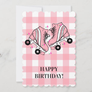 Cartão De Festividades Aniversário do Roller Skate Pink Gingham