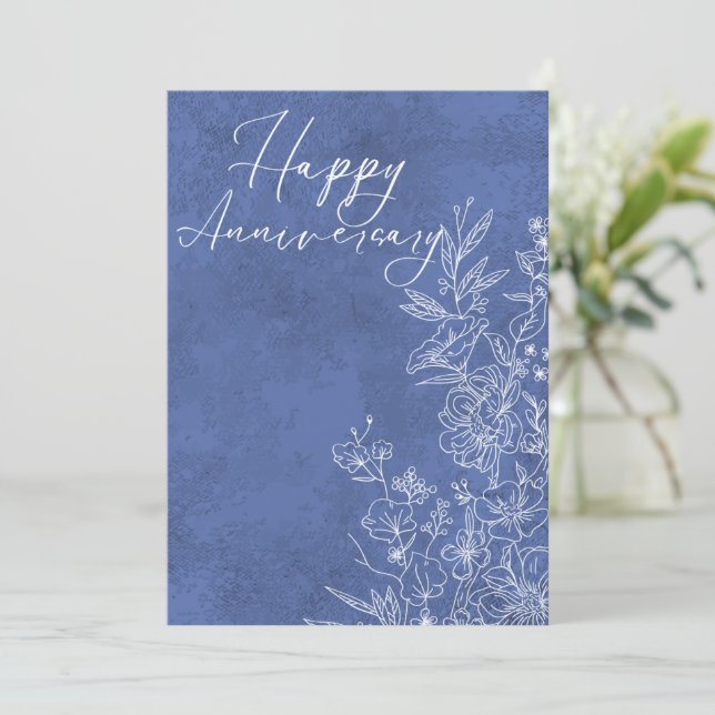 Cartão De Festividades Aniversário feliz da Floral Branca e Azul Elegante (Em pé/Frente)