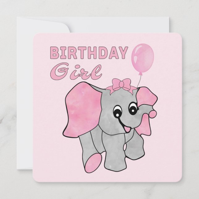 Cartão De Festividades Aniversário Rapariga Rosa Elefante Bebê (Frente)